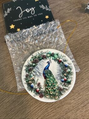 Double Sided Holiday Peacock Wreath Ceramic Ornament - Green/Blue